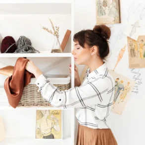 A woman in a white plaid shirt places a brown fabric in a woven basket on a white bookshelf. Yarn, sketches, and fashion illustrations adorn the wall. The setting is bright and creative.