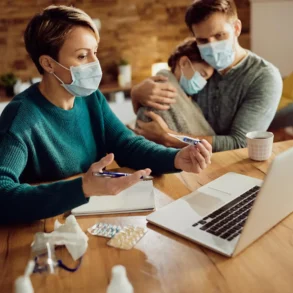 A woman in a teal sweater wearing a mask holds a pen, gesturing toward a laptop on a table with medicine. Behind, a masked man comforts a child.