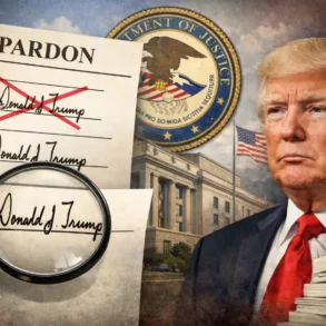 A graphic depiction includes a "Pardon" document with the name crossed out and magnified, alongside the Department of Justice seal and stacks of papers.
