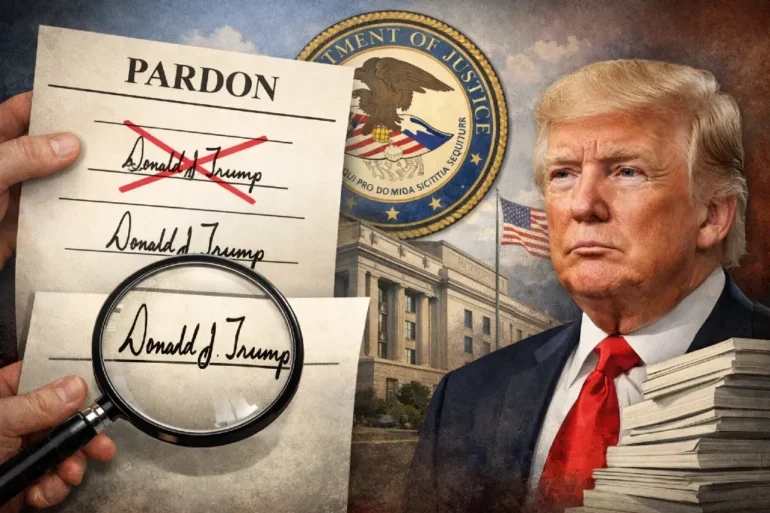 A graphic depiction includes a "Pardon" document with the name crossed out and magnified, alongside the Department of Justice seal and stacks of papers.