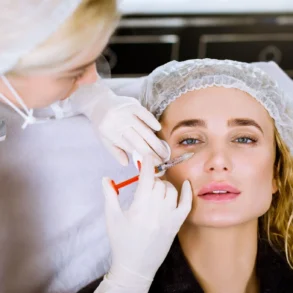 A medical professional administers a treatment using a syringe on a client in a clinical setting.