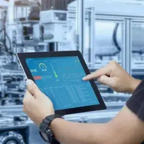 A person interacts with a tablet displaying industrial data and metrics, set against a background of machinery in a factory environment.