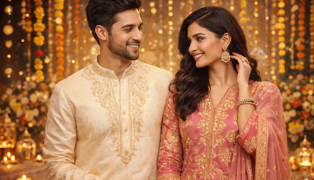 A smiling couple in elegant traditional attire stand surrounded by soft candlelight and floral decorations, creating a warm, festive ambiance.