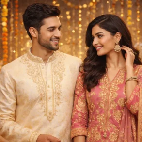 A smiling couple in elegant traditional attire stand surrounded by soft candlelight and floral decorations, creating a warm, festive ambiance.