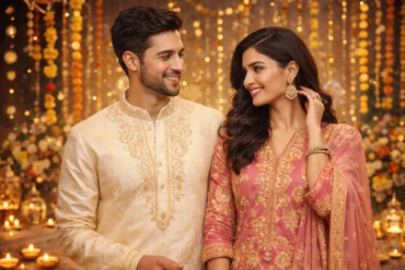 A smiling couple in elegant traditional attire stand surrounded by soft candlelight and floral decorations, creating a warm, festive ambiance.
