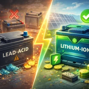 A split image shows a worn lead-acid battery marked with hazards, contrasted with a shiny lithium-ion battery surrounded by coins and green growth.
