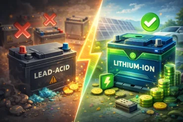 A split image shows a worn lead-acid battery marked with hazards, contrasted with a shiny lithium-ion battery surrounded by coins and green growth.