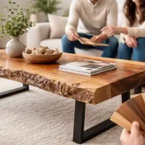 Live Edge Coffee Table in a modern living room with natural wood grain and black metal legs