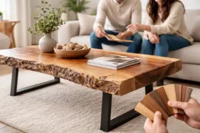 Live Edge Coffee Table in a modern living room with natural wood grain and black metal legs