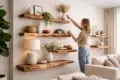 modern living room with live edge floating shelves wooden wall decor