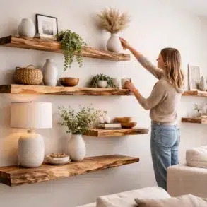 modern living room with live edge floating shelves wooden wall decor