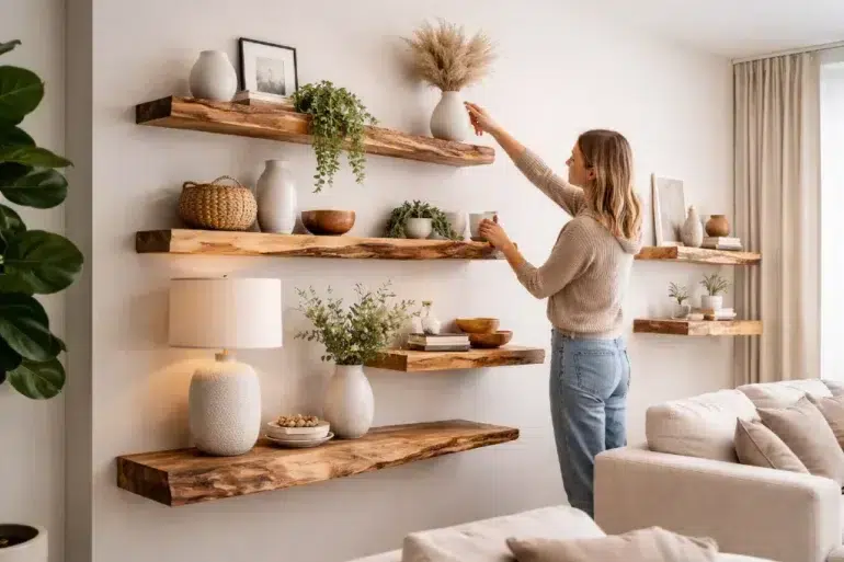 modern living room with live edge floating shelves wooden wall decor