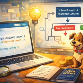 Illustration of JavaScript coding lesson with dog leash condition on laptop, flowchart on board, and a happy dog with books and coins nearby.