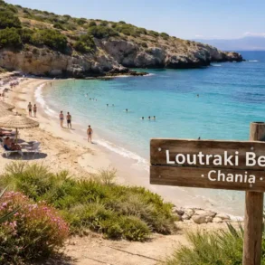 Loutraki Beach Chania with crystal clear turquoise water and sandy shore in Crete Greece