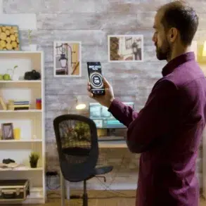 Man in a maroon shirt using a smartphone to control smart lights in a cozy, well-decorated home office.