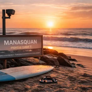 Manasquan Beach Cam live view showing surf, sand, and sunrise at Manasquan Inlet