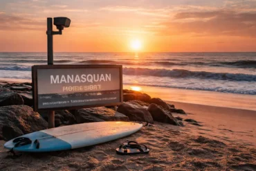 Manasquan Beach Cam live view showing surf, sand, and sunrise at Manasquan Inlet