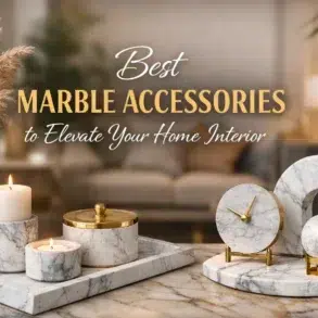 Stylish marble home accessories, including vases, candles, and clocks, enhance interior decor in a cozy setting.