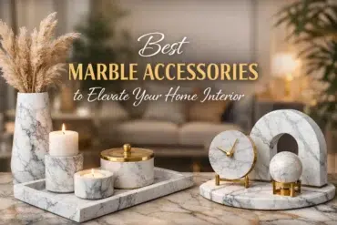 Stylish marble home accessories, including vases, candles, and clocks, enhance interior decor in a cozy setting.
