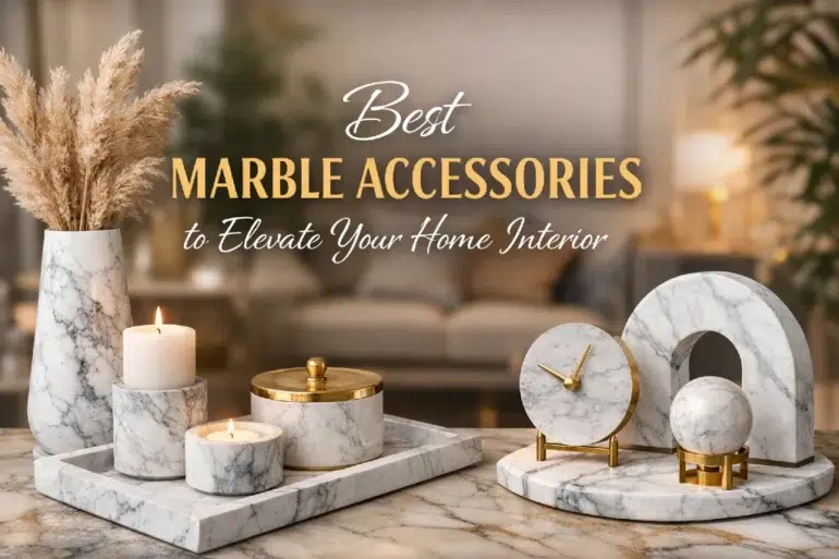 Stylish marble home accessories, including vases, candles, and clocks, enhance interior decor in a cozy setting.