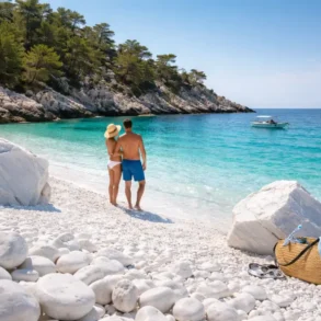 Marble Beach Thassos white marble stones and turquoise water coastline