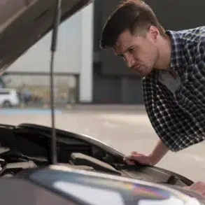 A person leans over a car engine in a parking lot, inspecting it while wearing a checkered shirt.