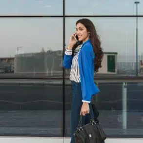 Woman in blue blazer and striped shirt talks on phone while walking, holding a black handbag. She's smiling with a glass building in the background.