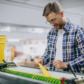 A man in a plaid shirt operates a machine in a factory, holding a yellow material. He appears focused and content. A yellow bucket is nearby.