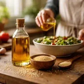 Oil Gingelly in a glass bottle with sesame seeds and a healthy home cooked meal