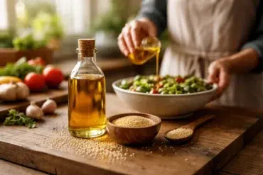 Oil Gingelly in a glass bottle with sesame seeds and a healthy home cooked meal