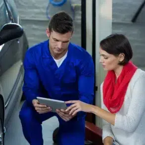 A mechanic in a blue jumpsuit shows a woman in a red scarf a tablet screen in a garage, with a car's open hood in the background. Both appear focused.