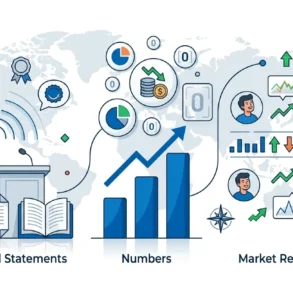 Illustration showing official statements, financial data charts, and market reactions with people expressing various responses.
