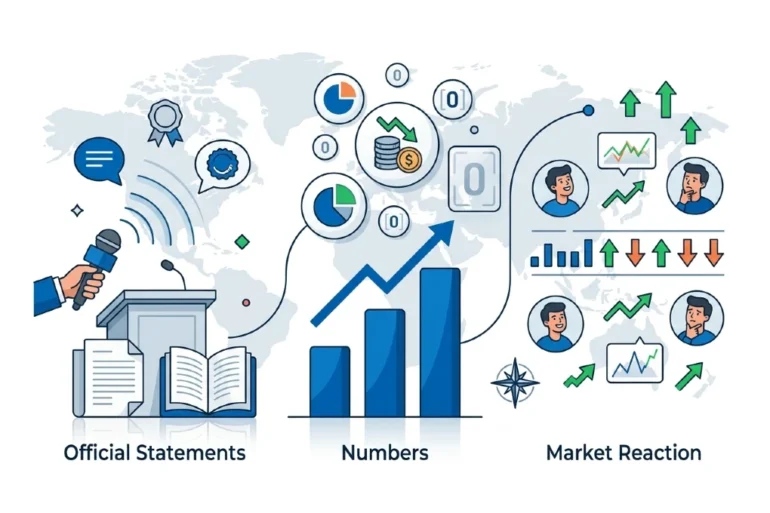 Illustration showing official statements, financial data charts, and market reactions with people expressing various responses.