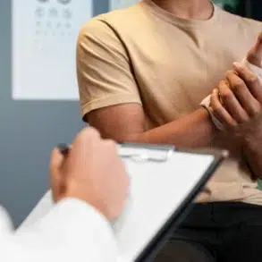 A person in a beige shirt holds a bandaged wrist while a healthcare professional takes notes in a medical setting.