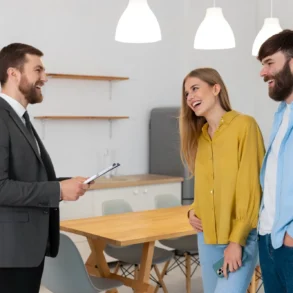 A smiling real estate agent with a clipboard talks to a happy couple in a modern kitchen. The room has a wooden table, shelves, and pendant lights.