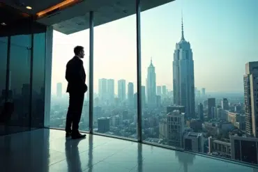 A man in a suit stands in a modern office, gazing out a large window at a cityscape with tall skyscrapers. The scene conveys ambition and contemplation.