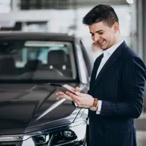 A man in a pinstriped suit stands near a black car, holding a tablet and engaged in a conversation.