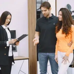 A couple stands closely while a professional woman holds a clipboard and explains something in a modern office setting.
