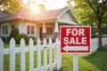 Cozy house with white picket fence for sale, sign in foreground. Sunlight filters through trees, creating a warm, inviting atmosphere.