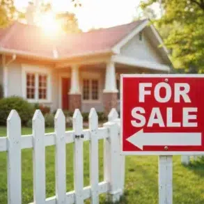 Cozy house with white picket fence for sale, sign in foreground. Sunlight filters through trees, creating a warm, inviting atmosphere.