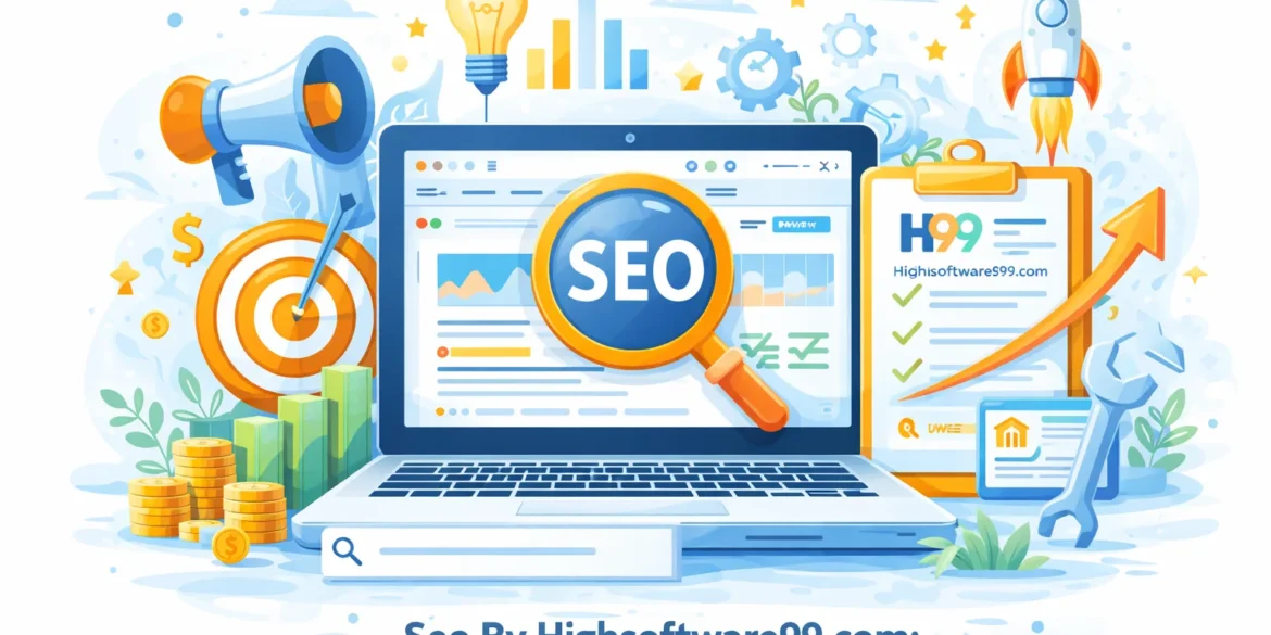 A laptop displays an SEO dashboard, surrounded by marketing tools like a megaphone, dollar signs, and growth charts, illustrating digital optimization.