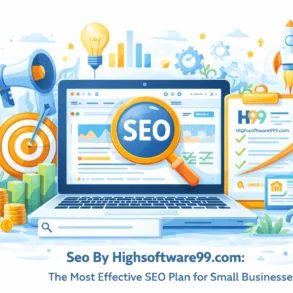 A laptop displays an SEO dashboard, surrounded by marketing tools like a megaphone, dollar signs, and growth charts, illustrating digital optimization.