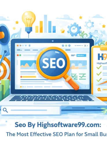 A laptop displays an SEO dashboard, surrounded by marketing tools like a megaphone, dollar signs, and growth charts, illustrating digital optimization.