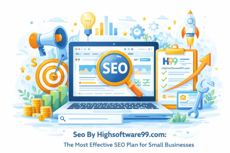 A laptop displays an SEO dashboard, surrounded by marketing tools like a megaphone, dollar signs, and growth charts, illustrating digital optimization.