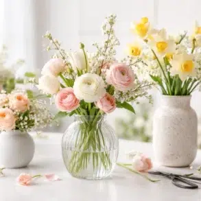 Shop Spring Vase styling with fresh flowers in elegant glass and ceramic vases for bright seasonal home decor