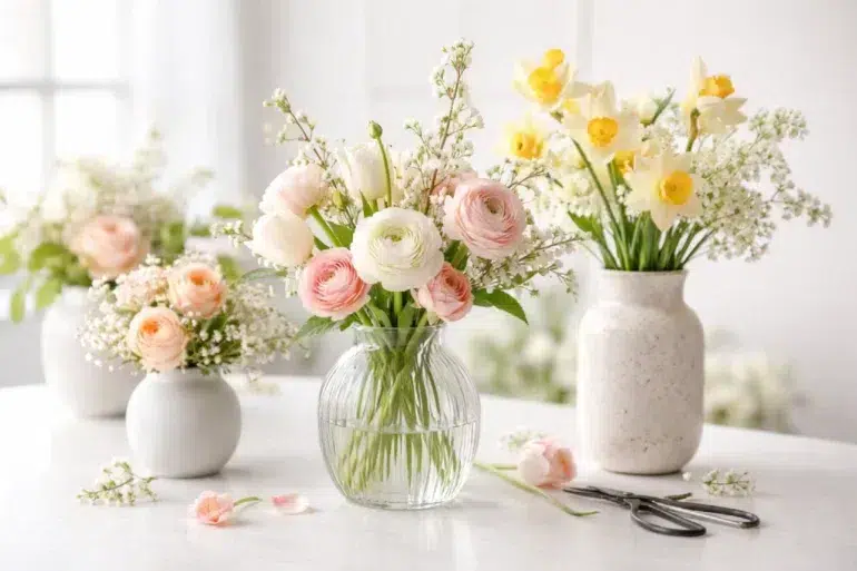 Shop Spring Vase styling with fresh flowers in elegant glass and ceramic vases for bright seasonal home decor