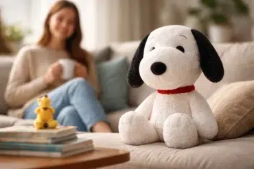 Snoopy Stuffed Animal plush sitting on a cozy bed with pillows