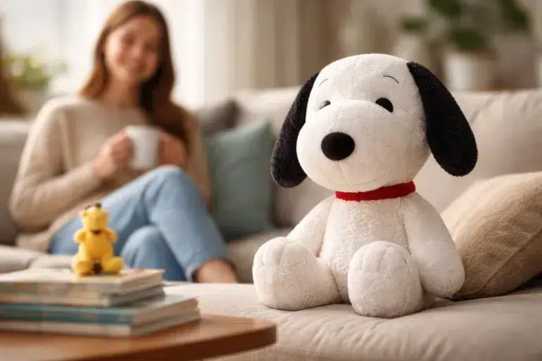Snoopy Stuffed Animal plush sitting on a cozy bed with pillows