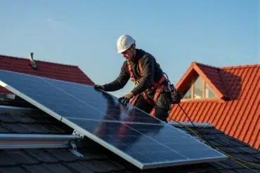 A worker in a safety harness installs solar panels on a tiled roof under a clear blue sky. The scene conveys efficiency and sustainable energy.