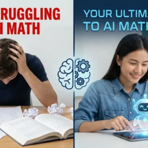 Split image showing a frustrated student struggling with math and a student using an AI math tutor on a tablet.